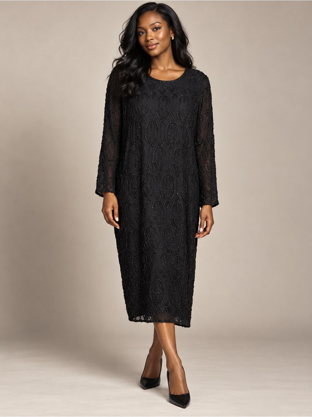 Vintage 90s Black Beaded Evening Dress Size 5X Long Sleeve Art Deco Plus Size